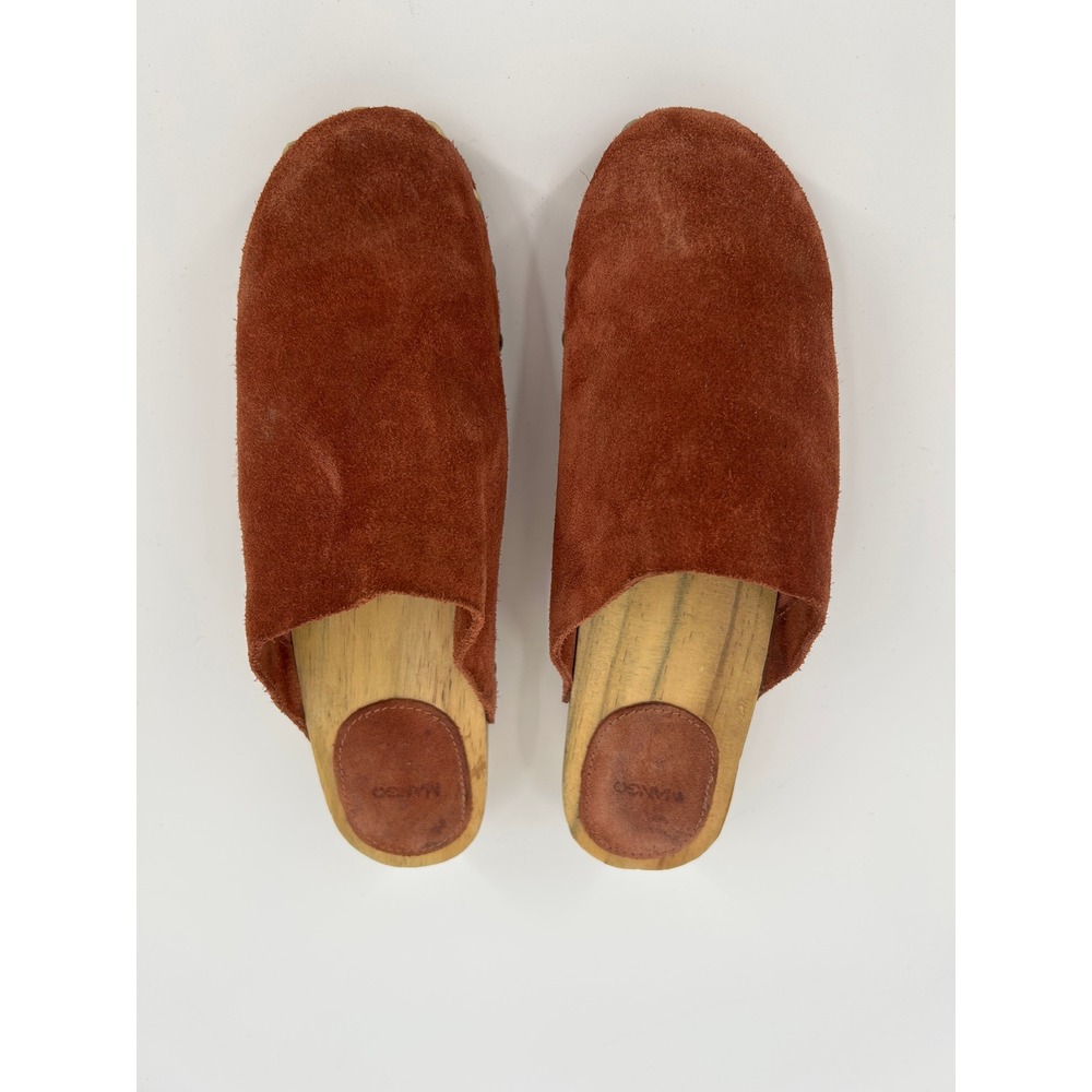 MANGO Rust Brown Suede Studded Wooden Clogs Mules Size 39 Boho 70s Style - Picture 9 of 13